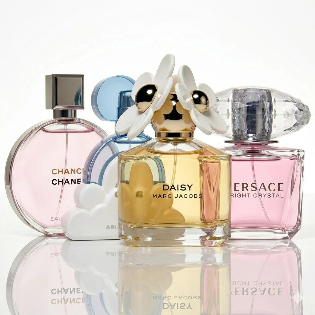 Set de 4 parfumuri | Chanel Chance Eau Tendre, Ariana Grande Cloud, Marc Jacobs Daisy, Versace Bright Crystal.